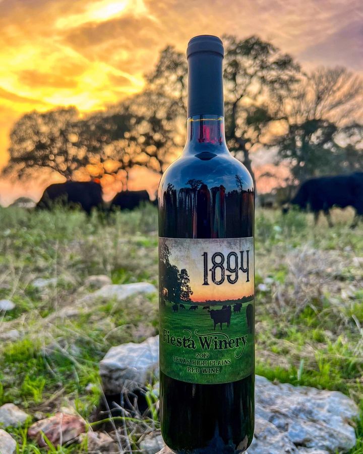 A bottle of Fiesta Winery 2018 Texas High Plains Red Wine sits atop a grey rock in the foreground, with a grassy field stretching behind it in the background. The field ends in a line of silhouetted rocks and trees, and the sky behind them is the bright yellow, orange, and purple of sunset. 